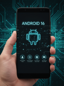 “Smartphone showing Android 16 hidden features like predictive back navigation, privacy settings, and dim display on a clean modern UI.